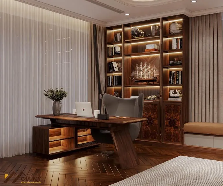 Bàn giám đốc gỗ óc chó chân vát hiện đại, thiết kế thanh thoát