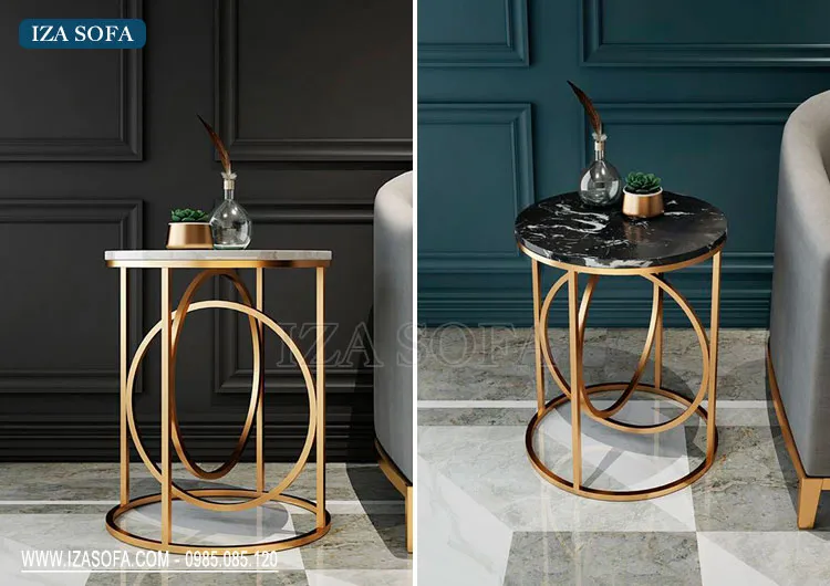 Bàn góc sofa nhỏ xinh với thiết kế chân sắt uốn cong nghệ thuật và mặt đá