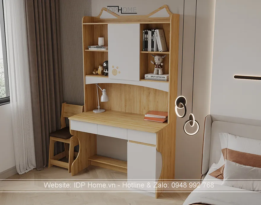 Bàn học có kệ sách bằng gỗ BH6829 hiện đại, màu trắng gỗ tự nhiên