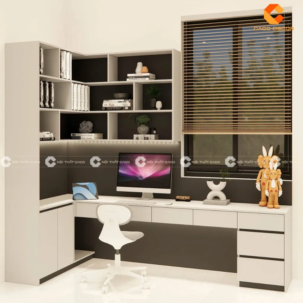 Bàn học có thiết kế kệ sách hiện đại với màu sắc tươi sáng