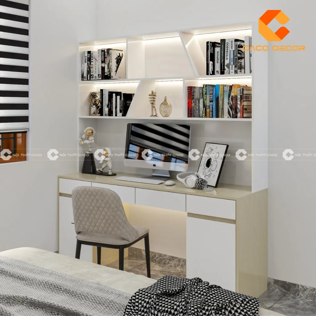 Bàn học kết hợp kệ sách được thiết kế với chiều cao phù hợp với phòng