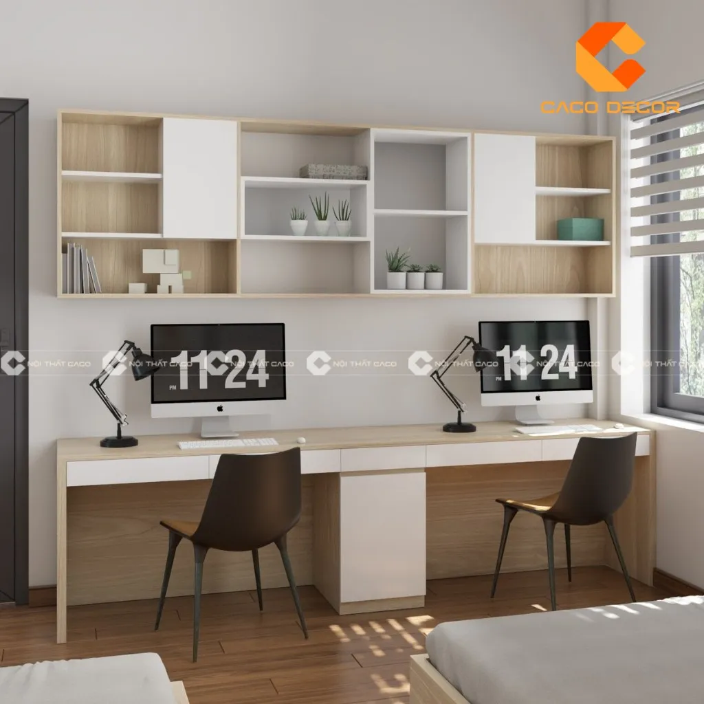 Bàn học đôi kết hợp kệ sách đơn giản tinh tế
