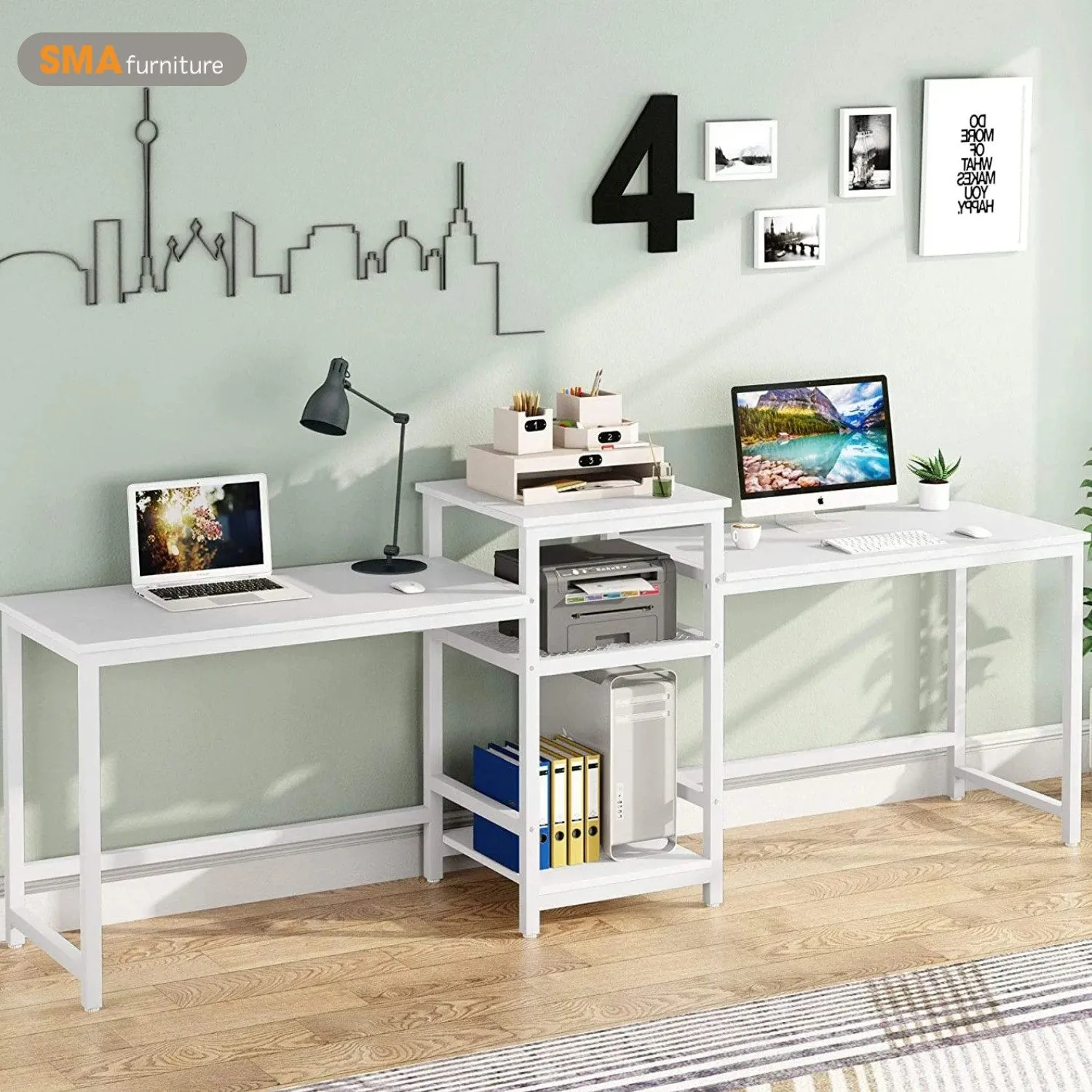 Mẫu bàn học đôi đẹp nhất hình chữ L cho 2 bé