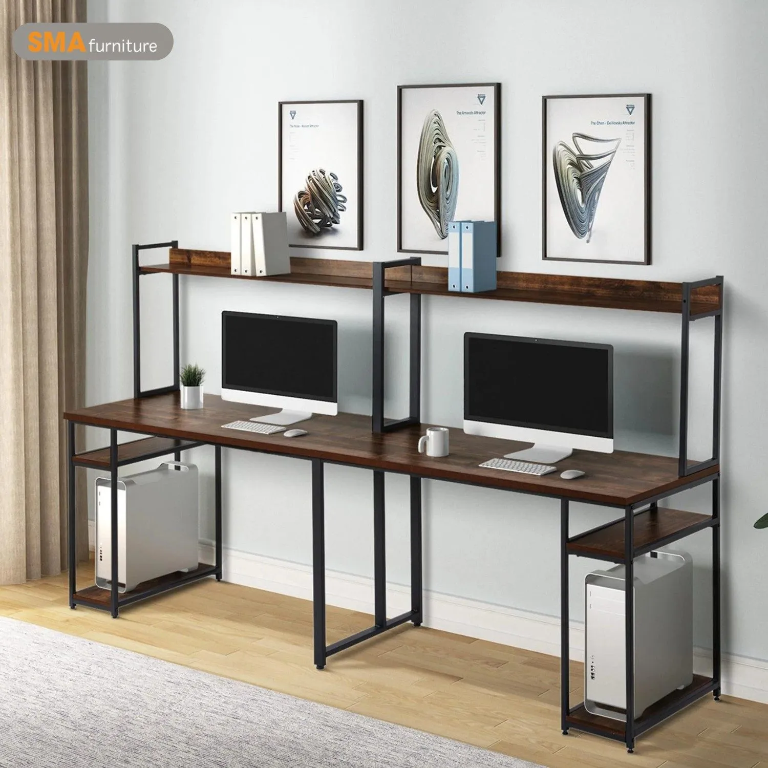 Mẫu bàn học đôi có giá sách giúp không gian học tập gọn gàng hơn