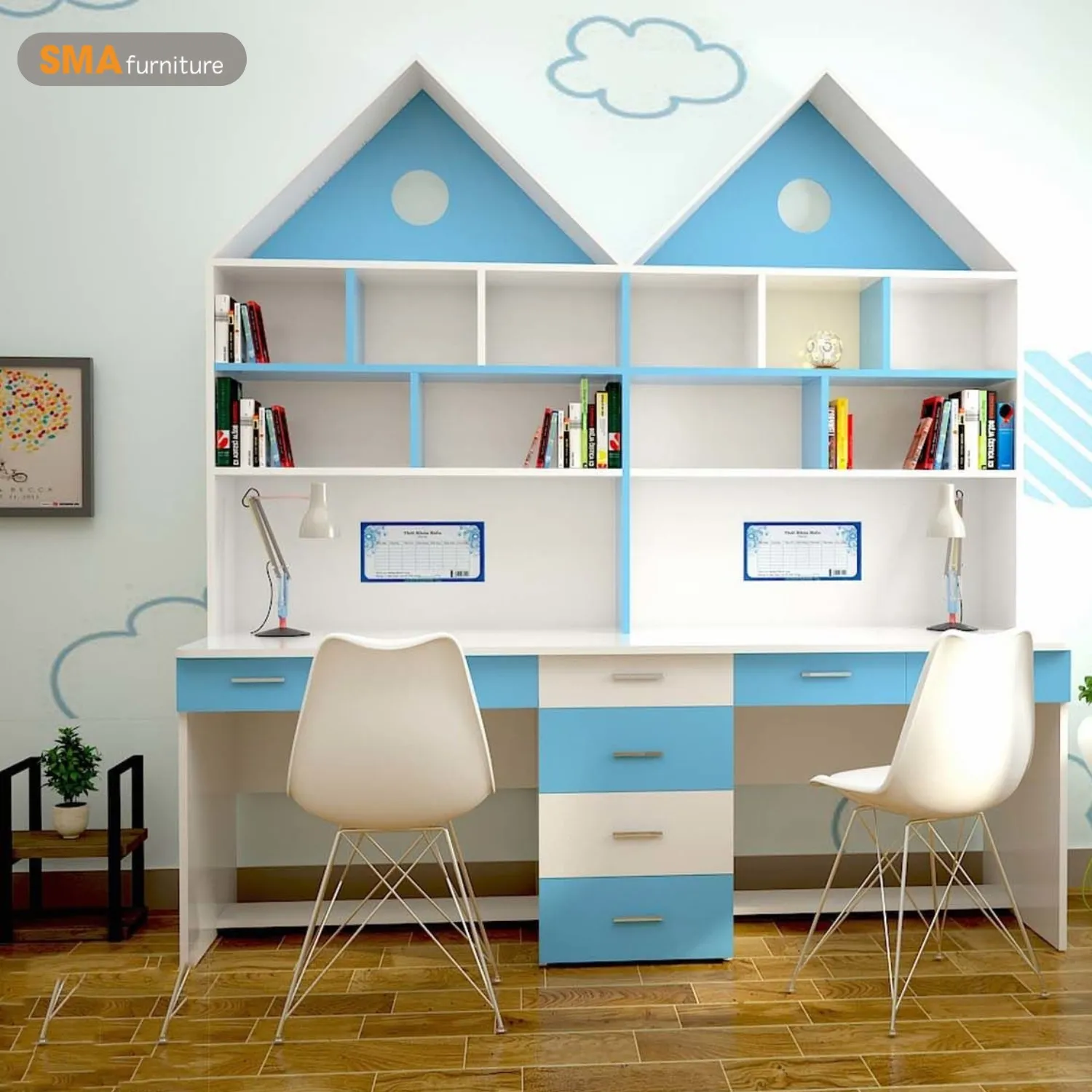 Mẫu bàn học đôi có giá sách tiện lợi