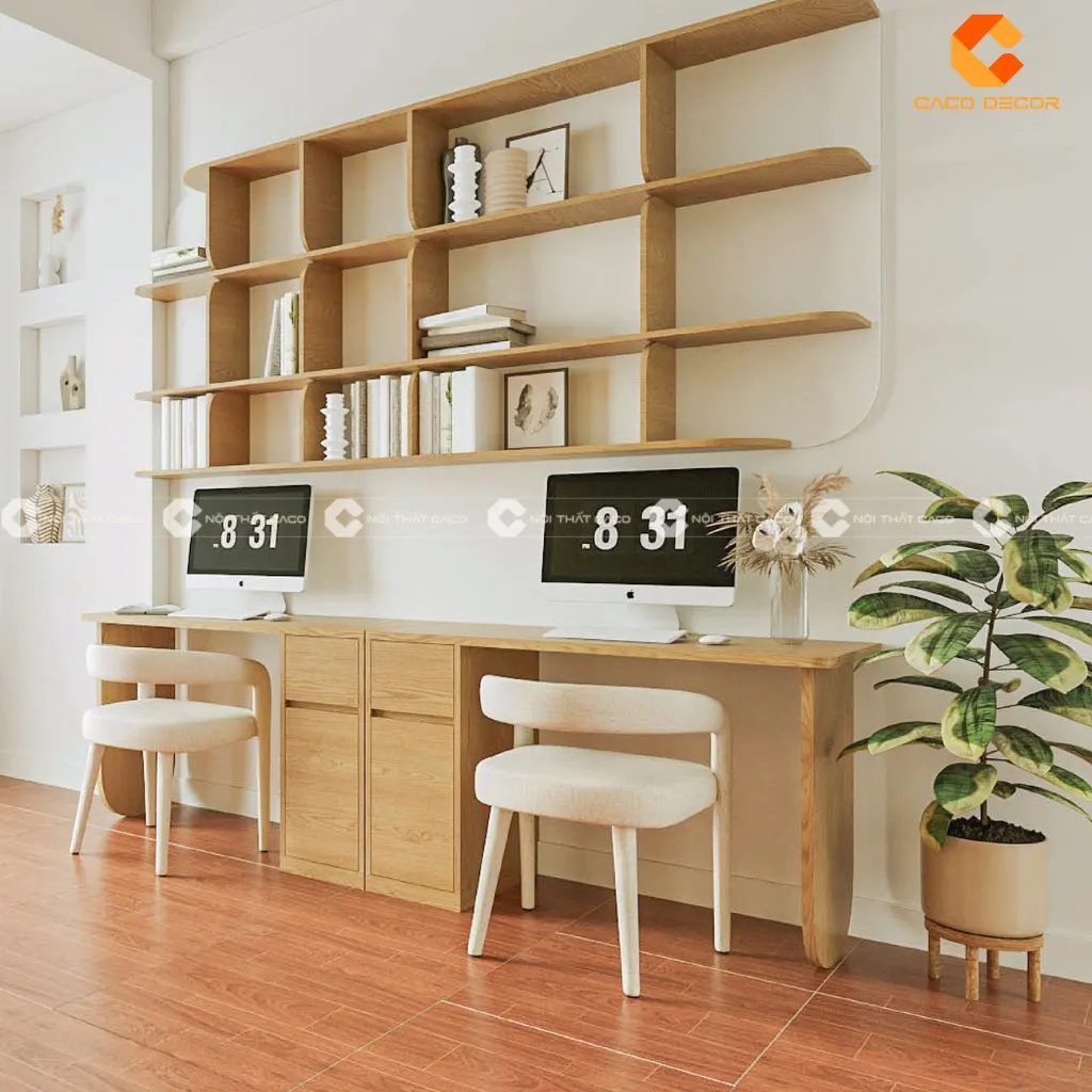 Bàn học đôi kèm giá sách lý tưởng cho gia đình có hai bé