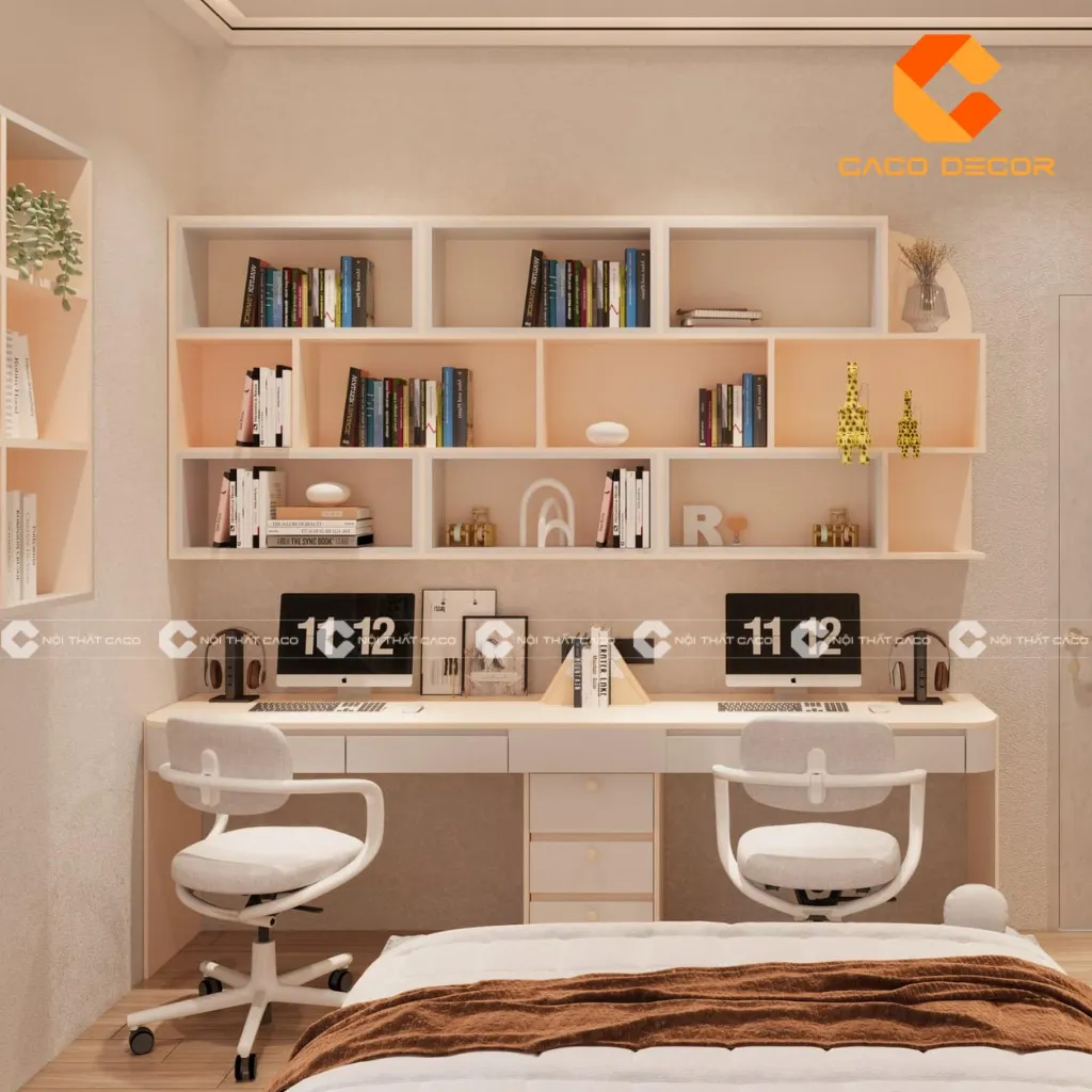 Thiết kế bàn học đôi kèm giá sách có ngăn kéo tiện lợi