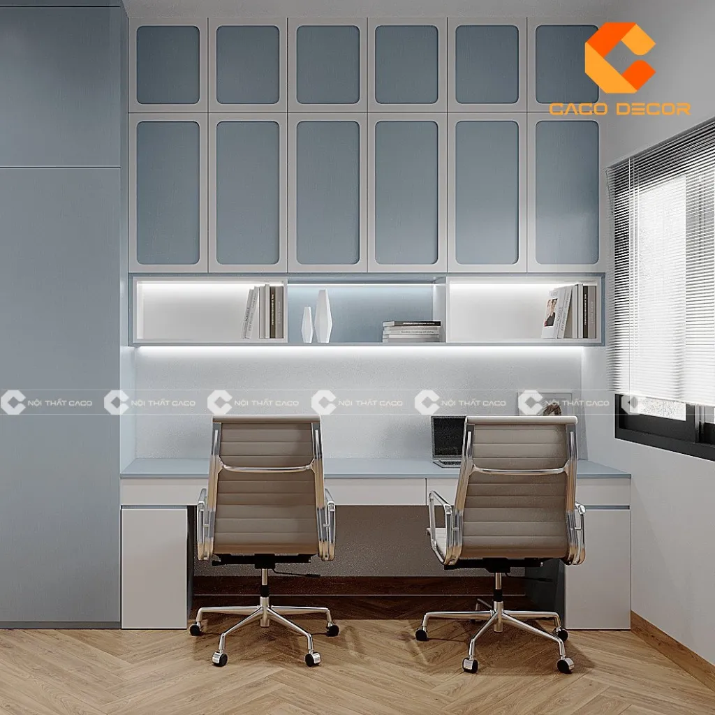 Mẫu bàn học đôi kèm giá sách giúp tiện kiệm diện tích tối đa