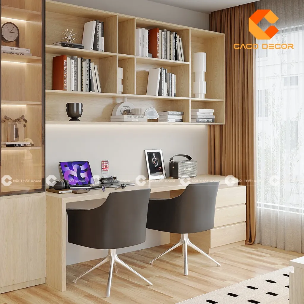 Bàn học đôi kèm giá sách đẹp với tông gỗ sang trọng
