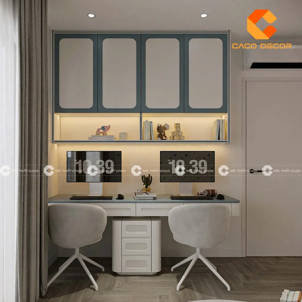 Bàn học đôi kèm giá sách thiết kế hiện đại, tông trắng tinh tế