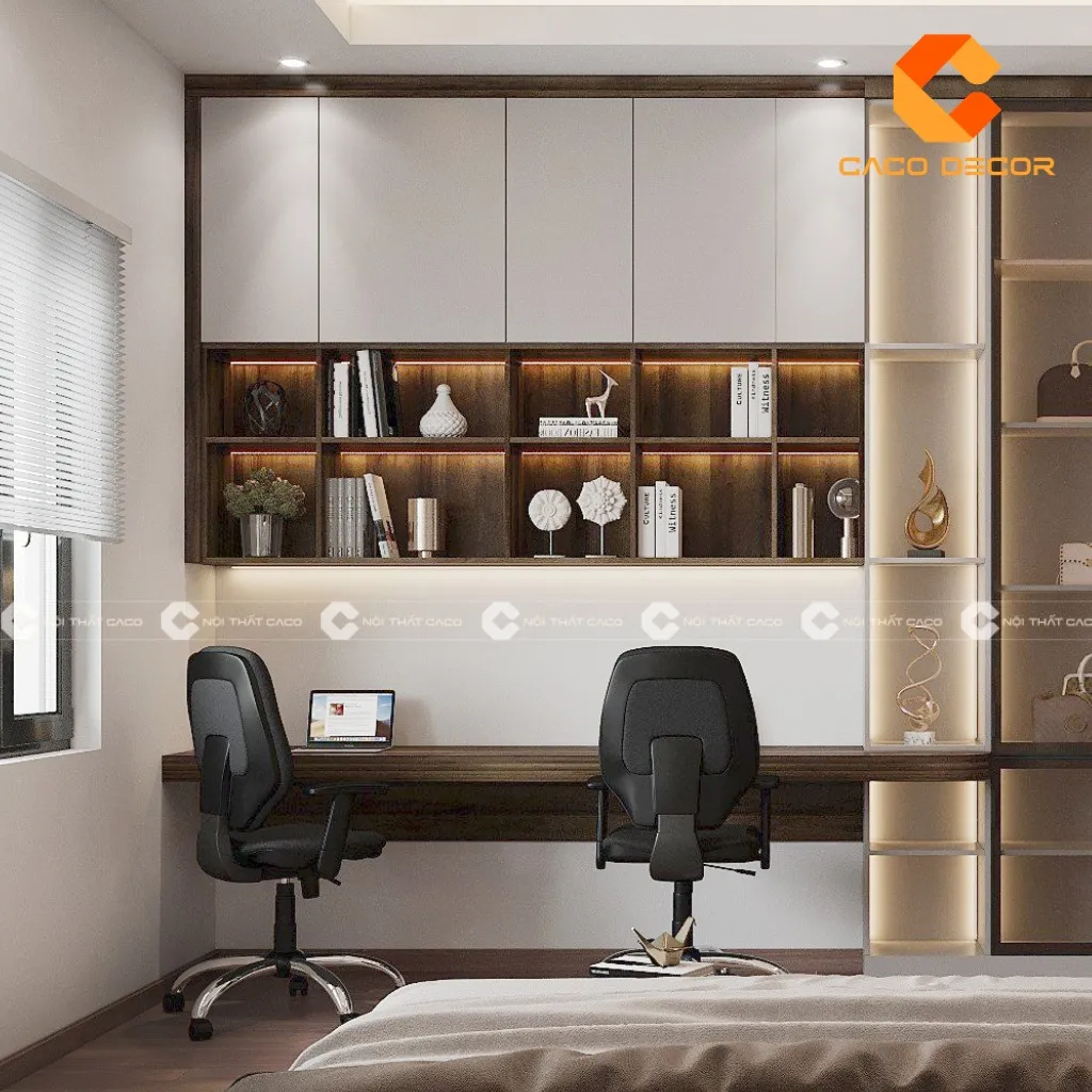 Bàn học đôi kèm giá sách tích hợp kệ trang trí tiện ích