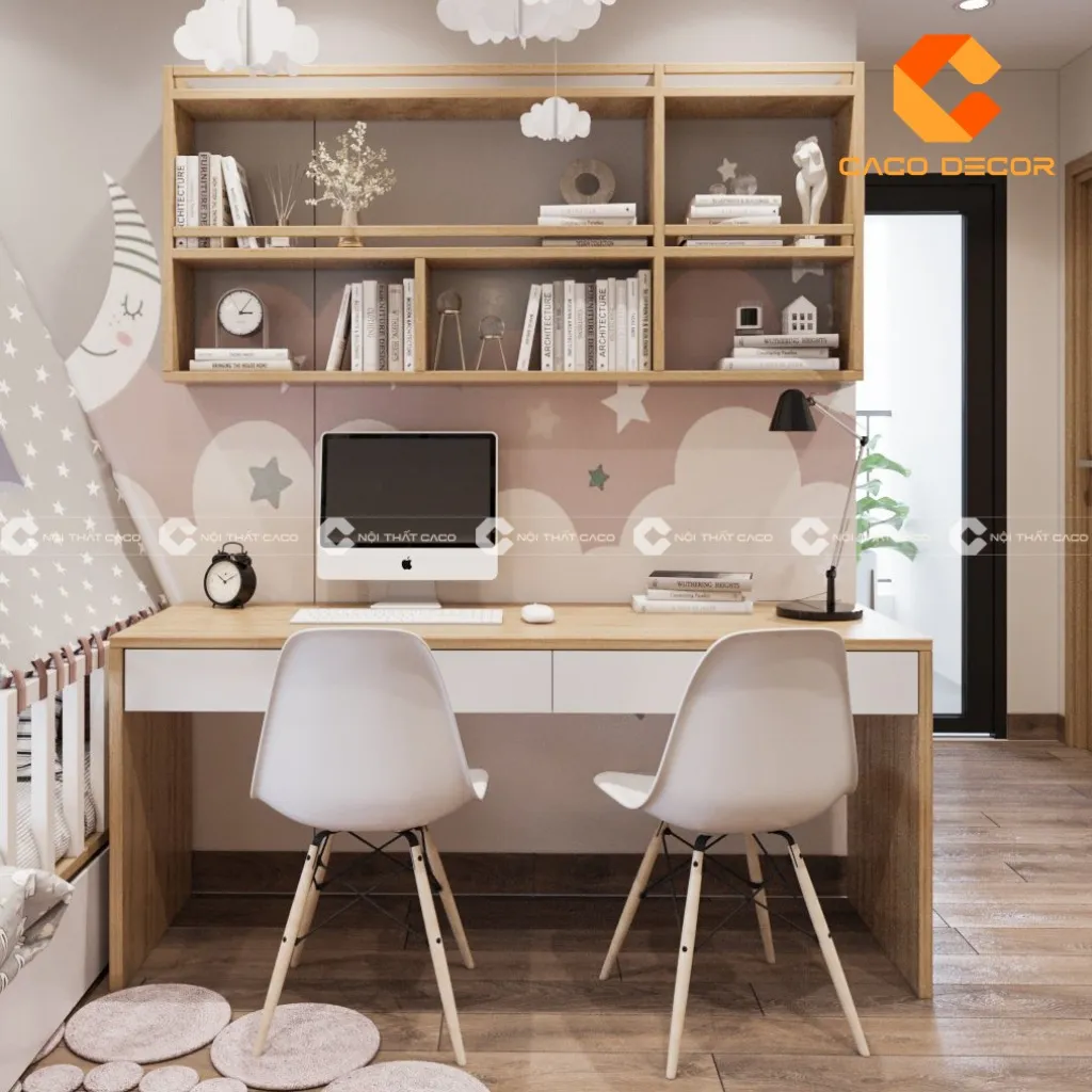Bàn học đôi kèm giá sách tông màu pastel nhẹ nhàng