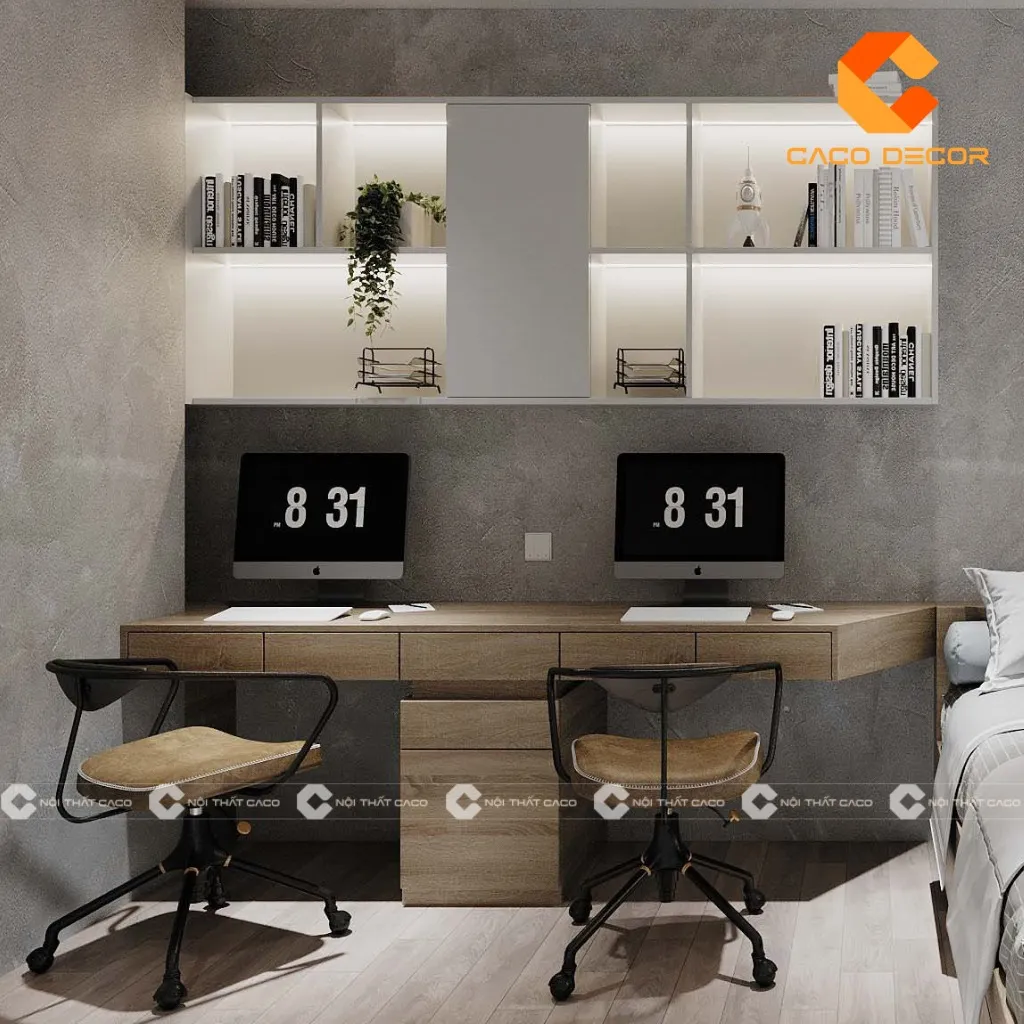 Mẫu bàn học đôi kèm giá sách làm bằng gỗ đẹp chất lượng