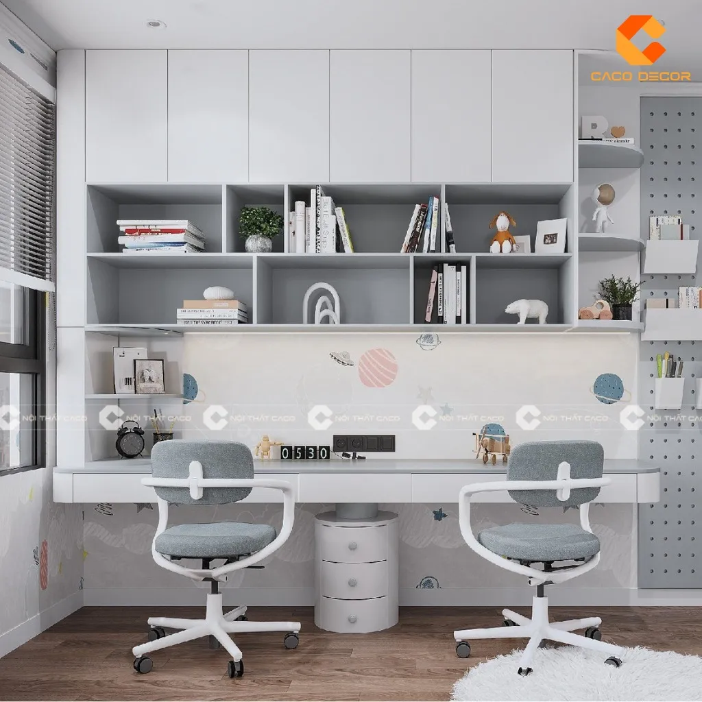 Bàn học đôi kèm giá sách giúp tận dụng tối đa không gian