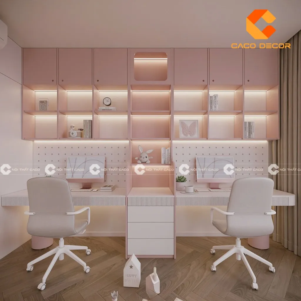 Mẫu bàn học đôi kèm giá sách đẹp giúp bé tăng hứng thú học tập