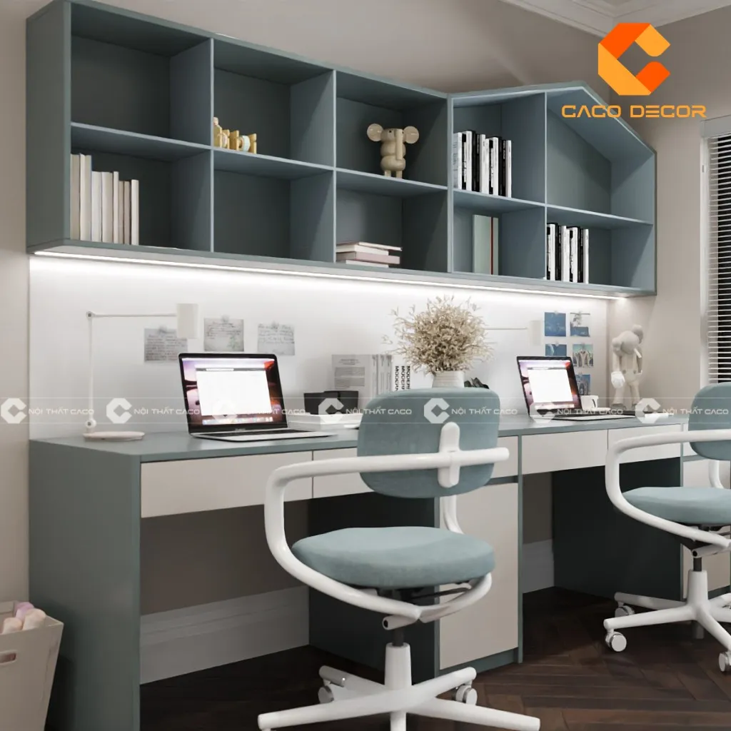 Bàn học đôi kèm giá sách thiết kế hiện đại, thông minh