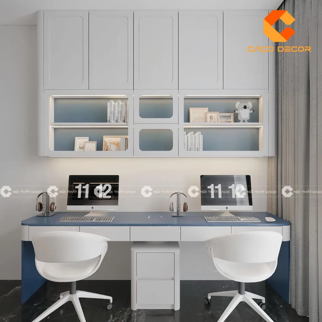 Bàn học đôi kèm giá sách tích hợp đủ công năng