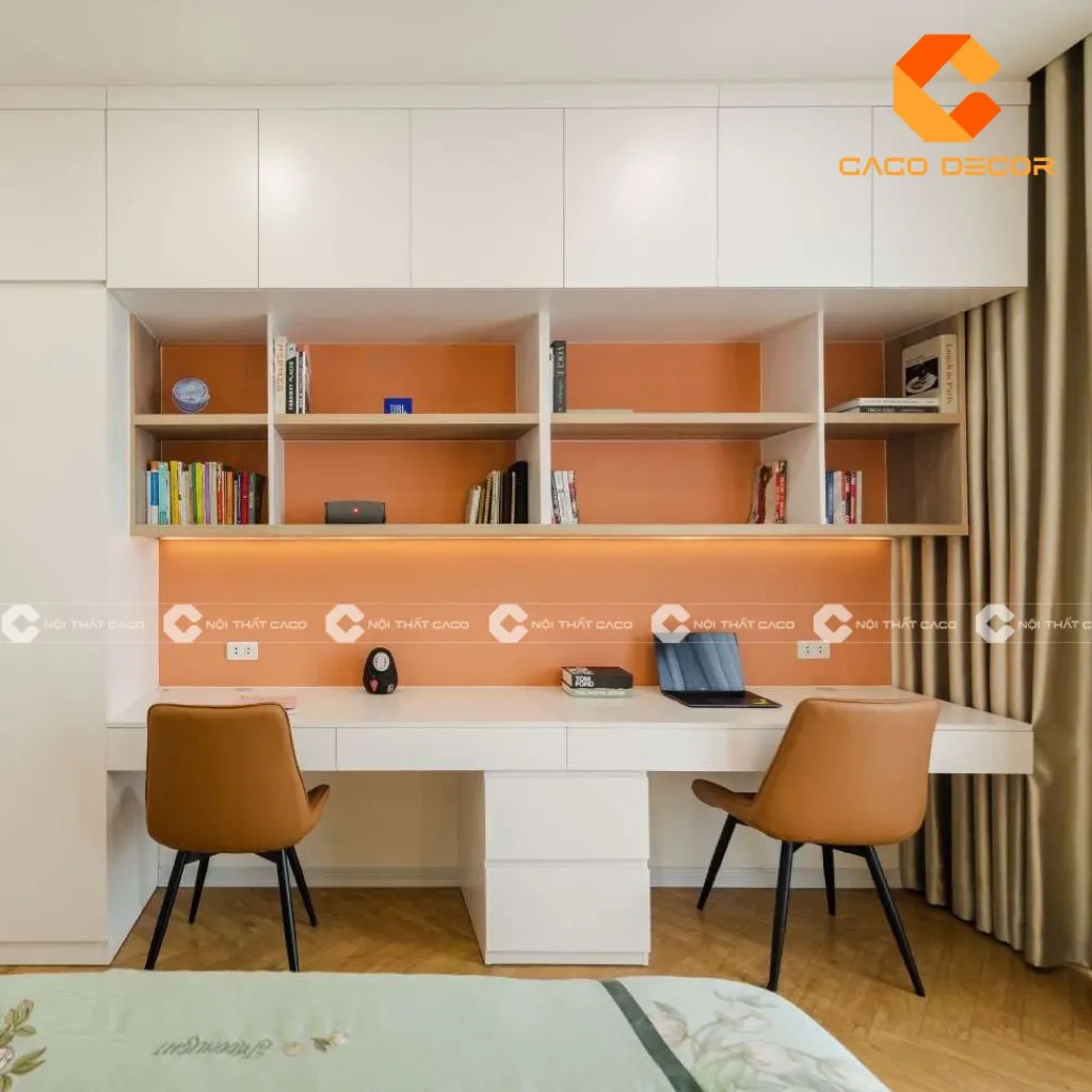 Bàn học đôi kèm giá sách cho bé thiết kế màu sắc hiện đại bắt mắt