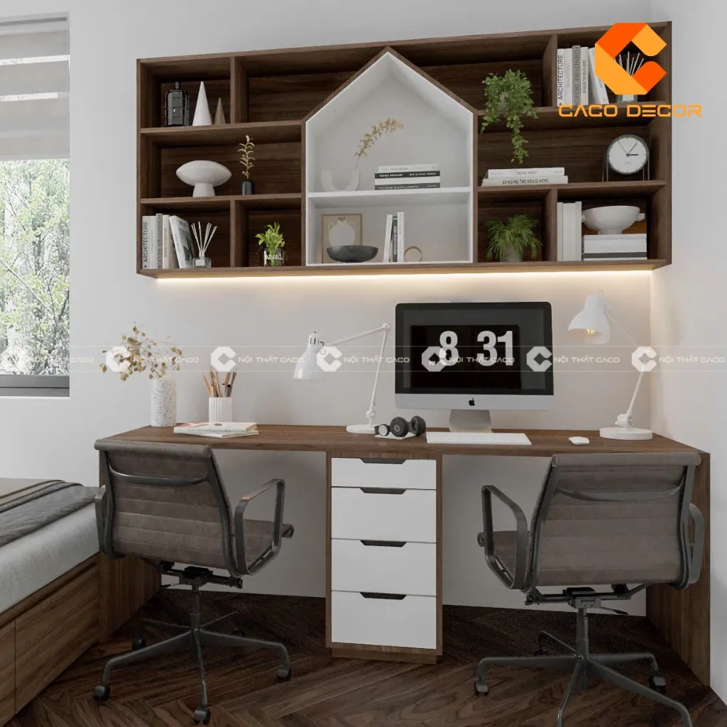 Bàn học đôi kèm giá sách làm từ gỗ chất lượng, bền bỉ cao