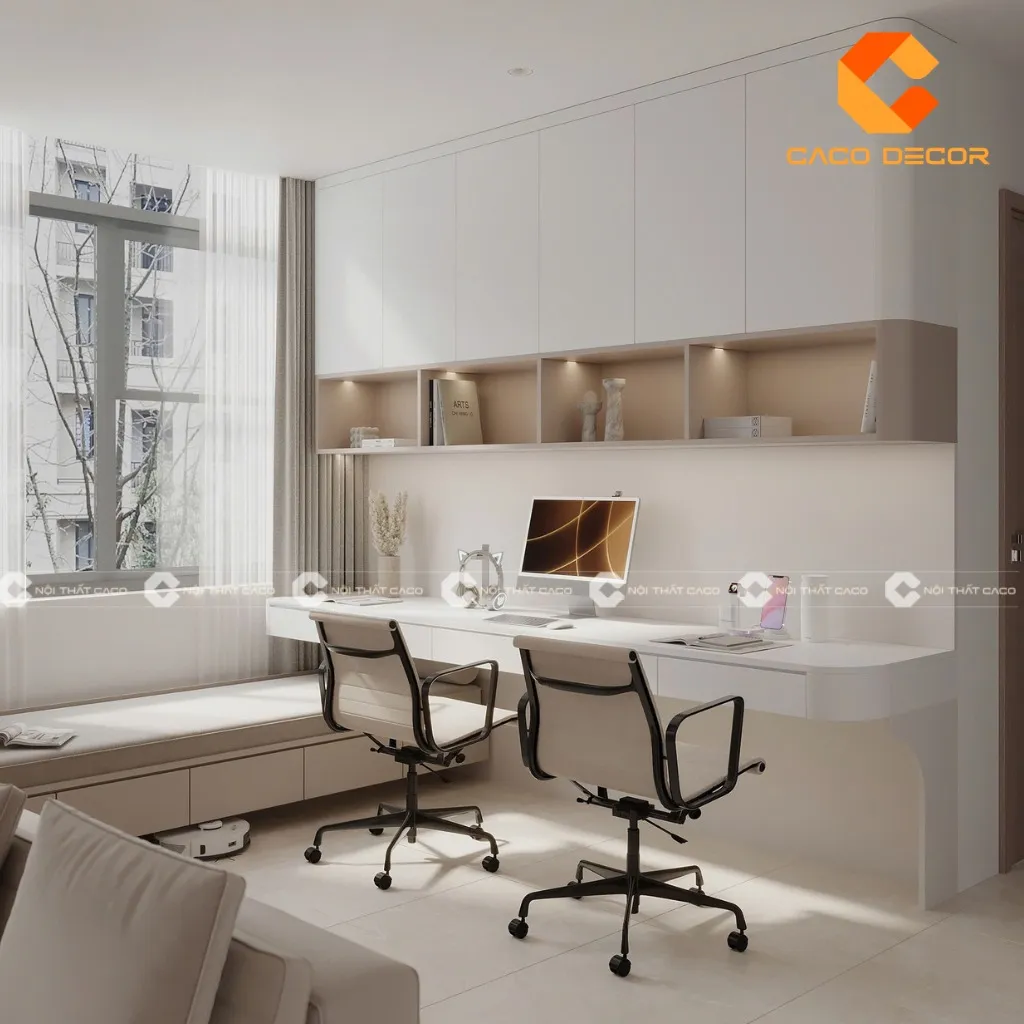 Bàn học đôi kèm giá sách phù hợp tạo không gian học tập thoải mái cho bé