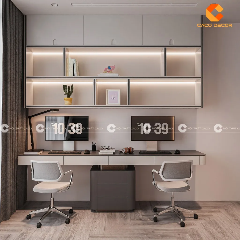 Bàn học đôi kèm giá sách tạo môi trường học tập lý tưởng cho bé