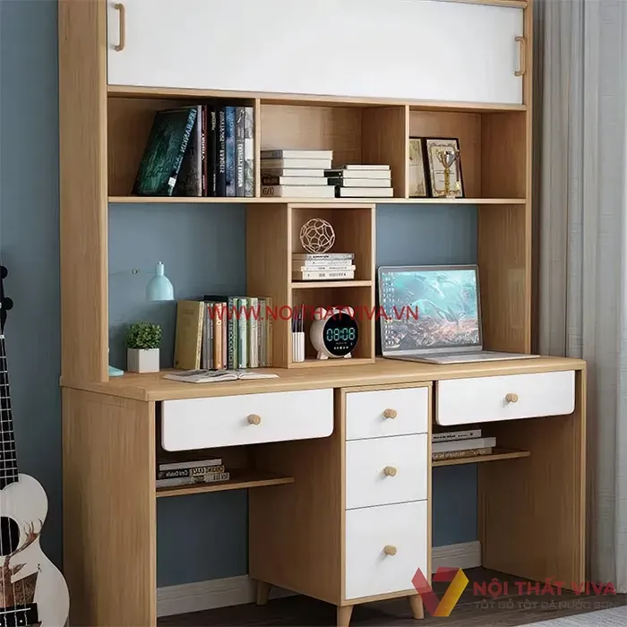 Bàn học gỗ công nghiệp đôi là giải pháp tiết kiệm diện tích cho hai bé