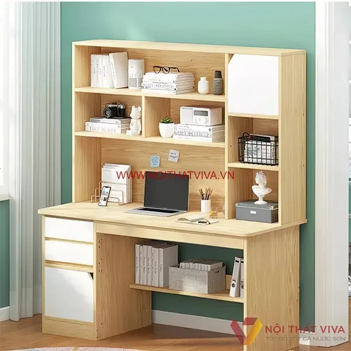 Mẫu bàn học gỗ công nghiệp có giá sách tích hợp hỗ trợ tư thế ngồi học khoa học