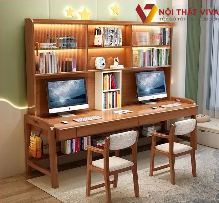 Bàn học gỗ tự nhiên đôi đẹp, giá rẻ có giá sách, tiết kiệm diện tích.
