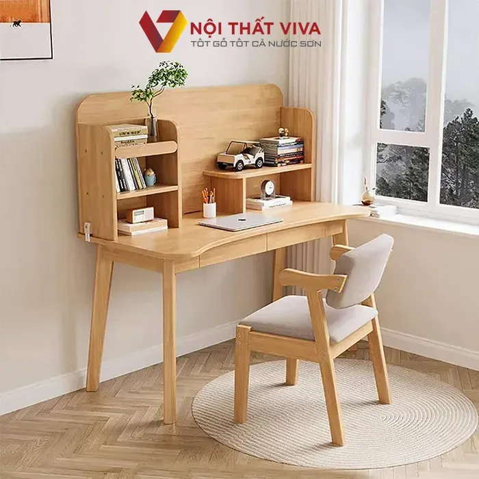 Bàn học gỗ tự nhiên có giá sách đẹp cho bé trai, bé gái, ghế êm thoải mái.