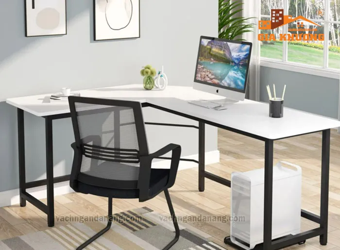 Bàn làm việc chân sắt chữ L tối giản cho văn phòng hiện đại