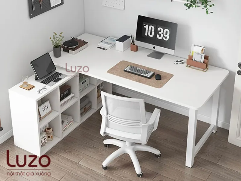 Bàn làm việc chữ L gỗ MDF BCL9 kèm kệ sách hiện đại