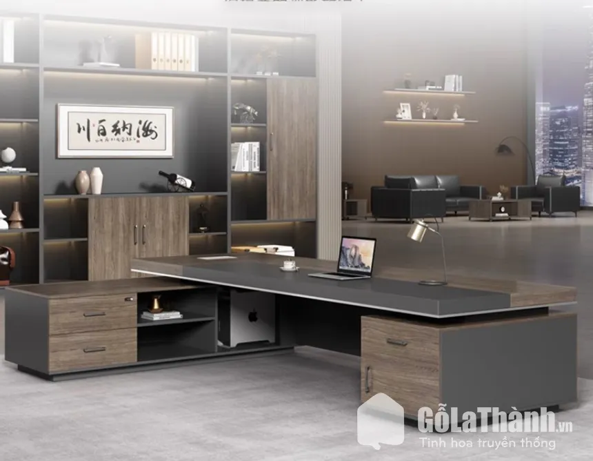 Chi tiết thiết kế bàn giám đốc chữ L với hộc tủ tiện lợi