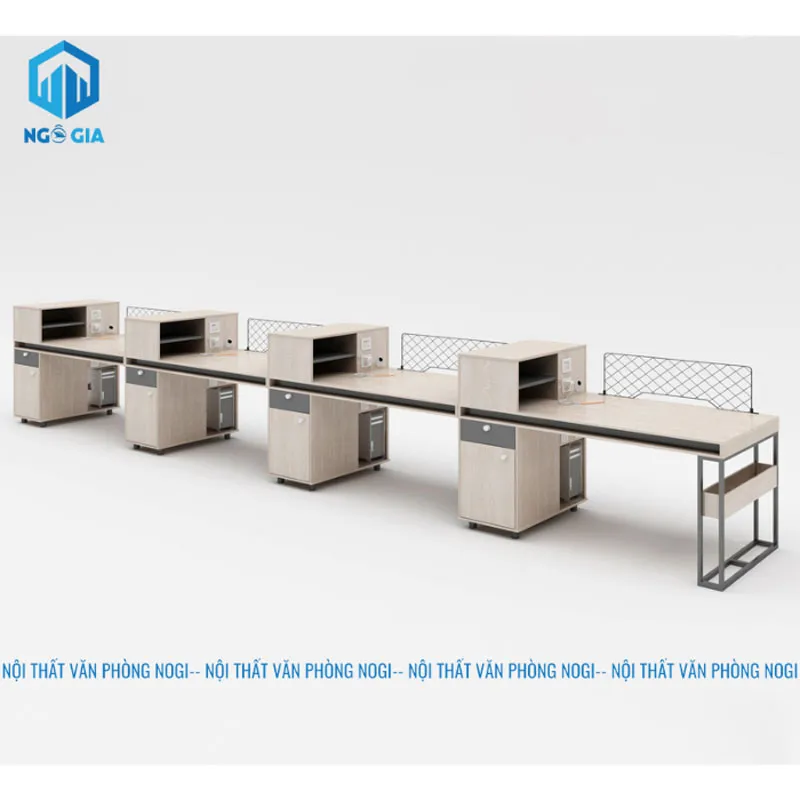 Bàn làm việc bằng gỗ dài chia ô tiện lợi cho 4 người trong văn phòng