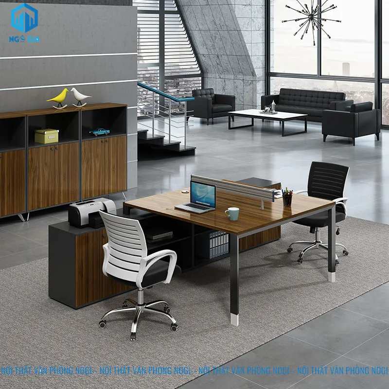 Bàn làm việc bằng gỗ tự nhiên hình chữ nhật hiện đại cho 2 người