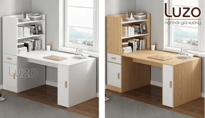 Bàn làm việc gỗ liền kệ sách STD1 mang đến hai màu sắc tùy chọn, giúp làm nổi bật không gian phòng của bạn