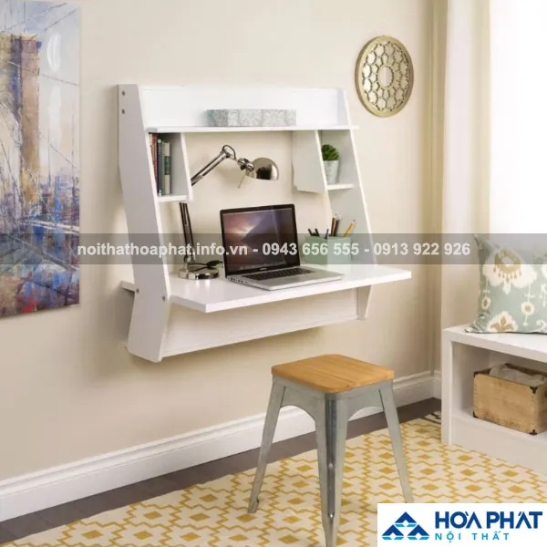 Bàn làm việc gắn tường SKDJ102 màu trắng có kệ sách tiện lợi