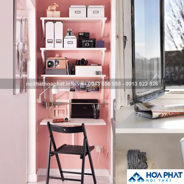 Mẫu bàn làm việc AHDG103 nhỏ gọn, tích hợp 3 tầng kệ để sách