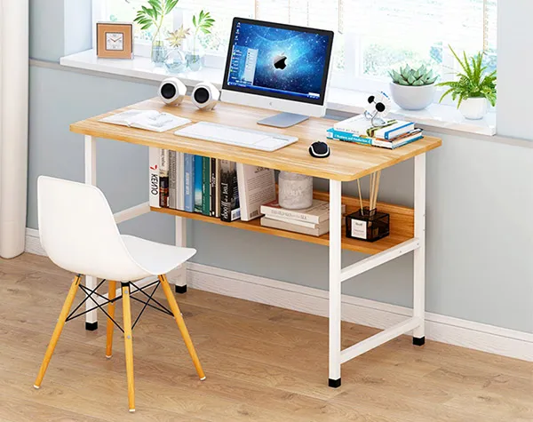 Bàn làm việc bằng gỗ 2 tầng, khung nhôm, kiểu dáng nhỏ gọn