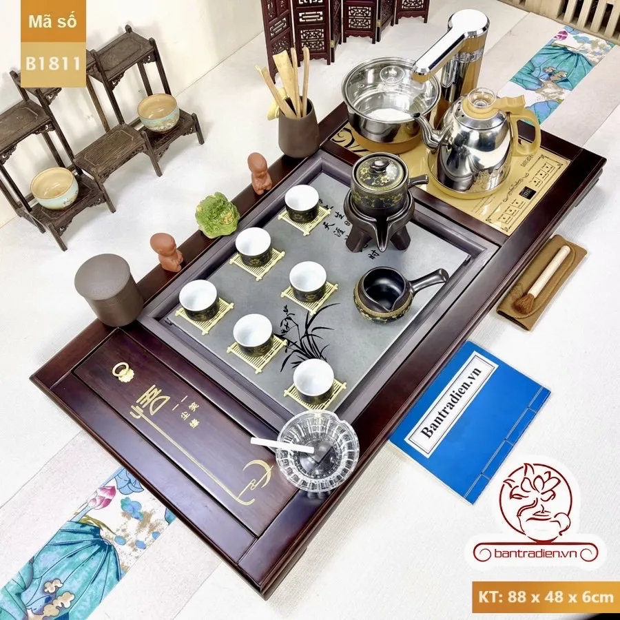 bộ bàn trà điện thông minh đa năng gỗ mặt đá có hộp để đồ B1811