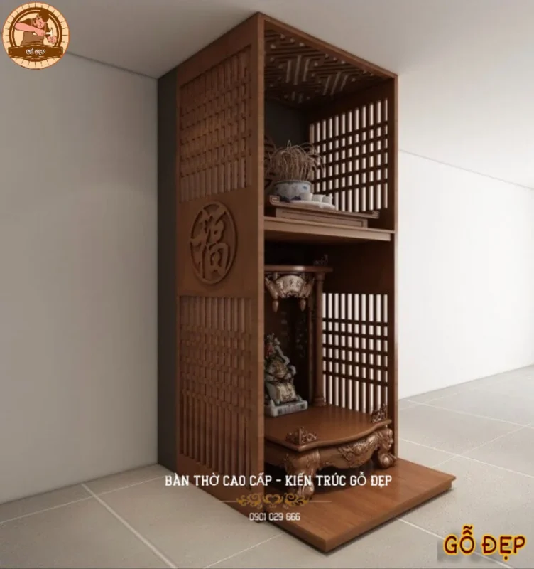 bàn thờ 2 tầng hiện đại có tầng phụ và ngăn kéo tiện dụng