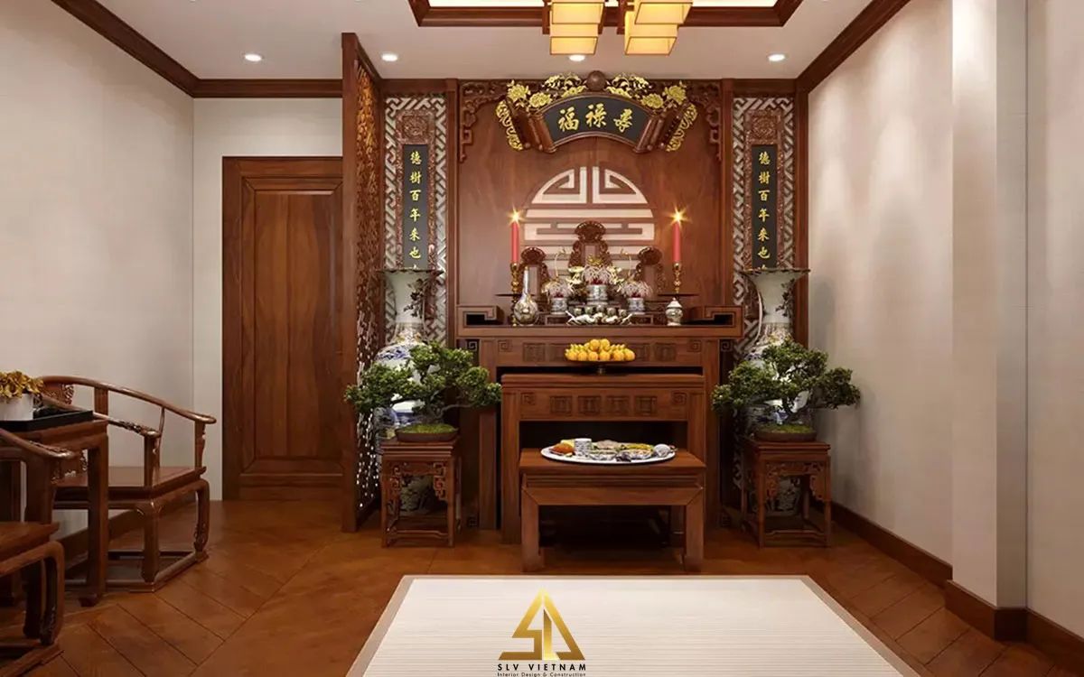 Mẫu 7: Bàn thờ nhà ống với cấu trúc đối xứng ấn tượng