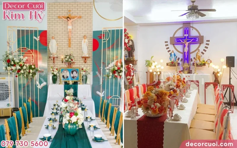 bàn thờ chúa và bàn thờ gia tiên trong không gian trang trí lễ gia tiên
