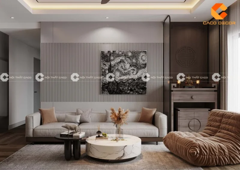 Bàn thờ chung cư phối tủ lưu đồ lễ nhỏ gọn cho phòng khách