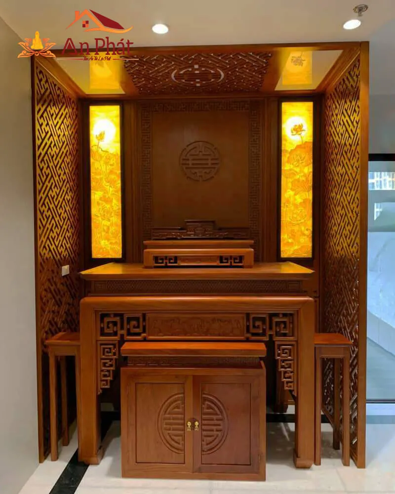 Thiết kế bàn thờ gia tiên gỗ Hương, mẫu hiện đại có đường nét chạm khắc tinh tế