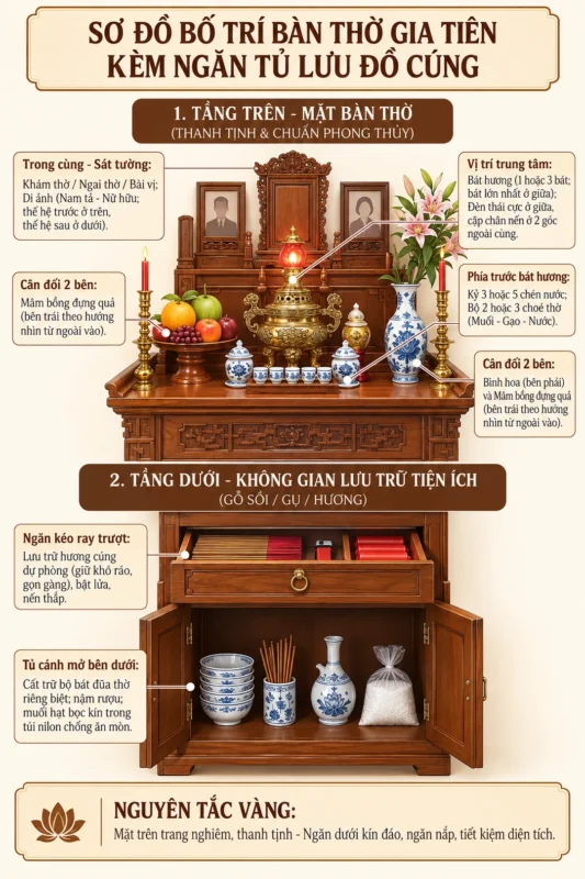 Bàn thờ gia tiên có ngăn lưu đồ cúng