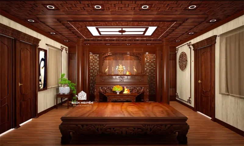 Bàn thờ gia tiên gỗ tự nhiên bố trí chuẩn phong thủy