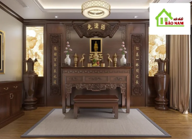 bàn thờ gia tiên hiện đại màu gỗ trầm cho phòng thờ