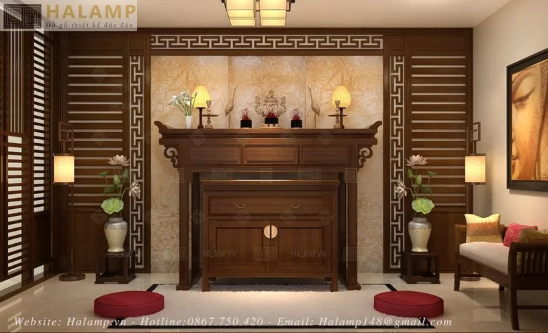 Bàn thờ gia tiên phối màu chuẩn với nội thất phòng khách