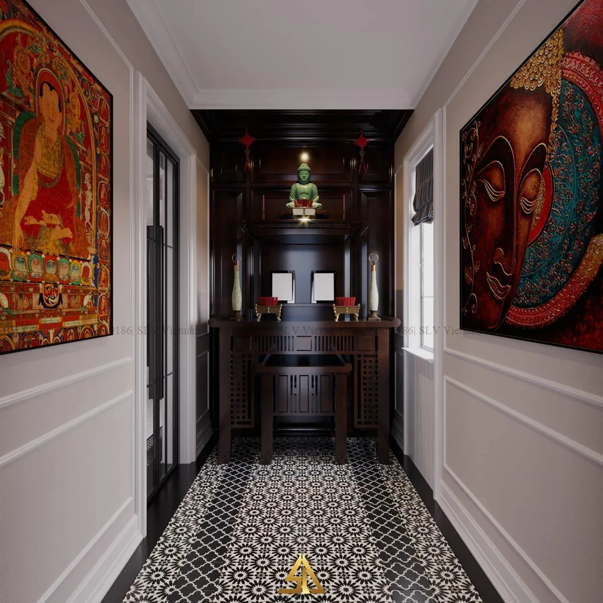 Mẫu 1: Bàn thờ Phật đặt ở hành lang phòng khách nhà ống