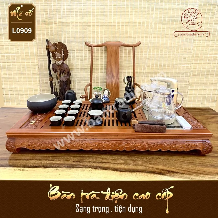 Bộ bàn pha trà điện thông minh đa năng cao cấp gỗ hương Hoa Khai Phú Quý L0909 có hộp đựng đồ